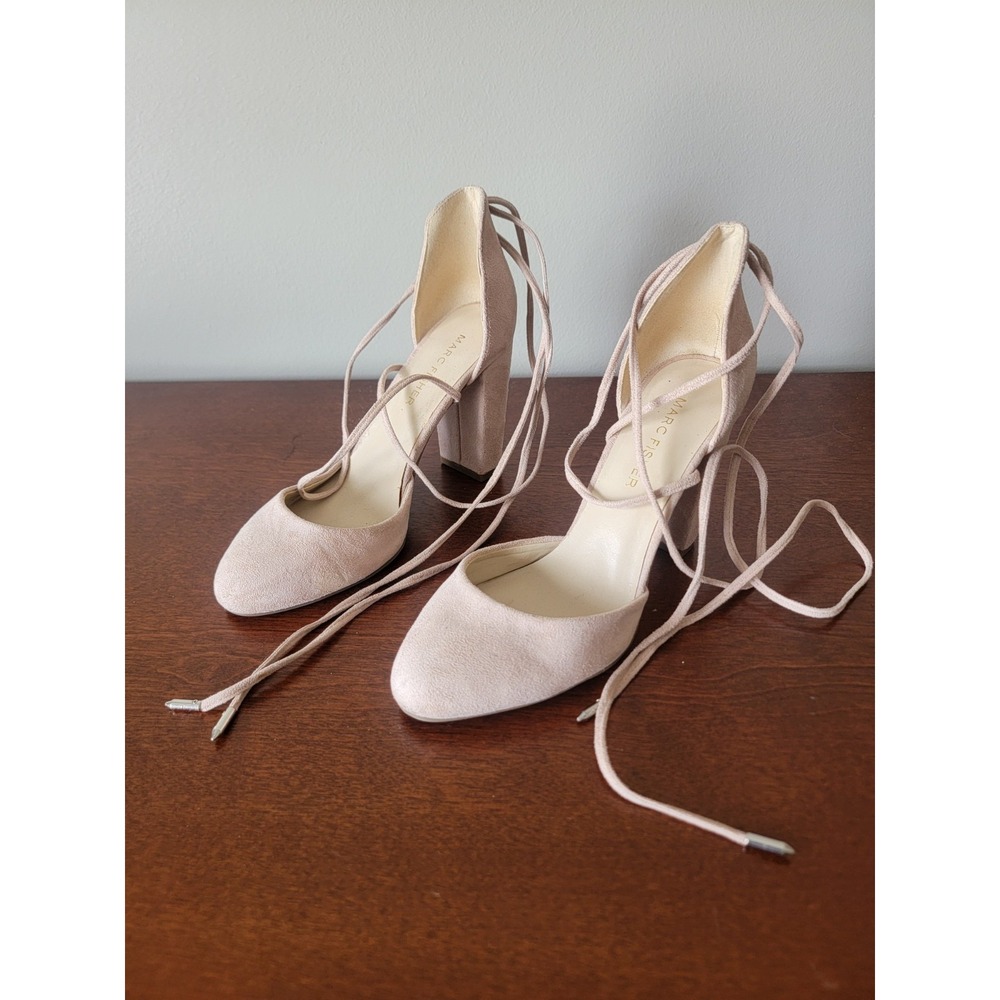 Marc Fisher Salina Suede Block Heel Blush Pink Wrap Around Ankle Tie Round Toe